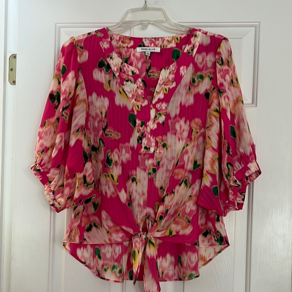 Rose & Olive Pink Flutter Sleeve Blouse with Tie Front